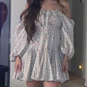 Floral Off-Shoulder Dress with White Boots
